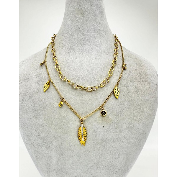 Gold İkili Yaprak Detaylı Kolye